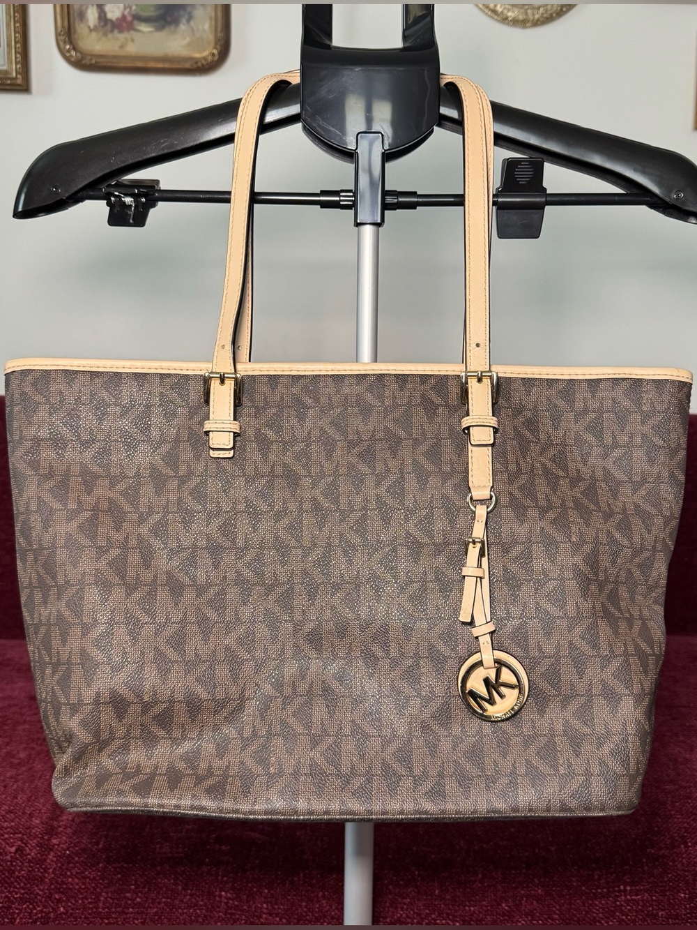 Michael Kors Brown MK Logo Tote with Beige Trim and Gold Charm